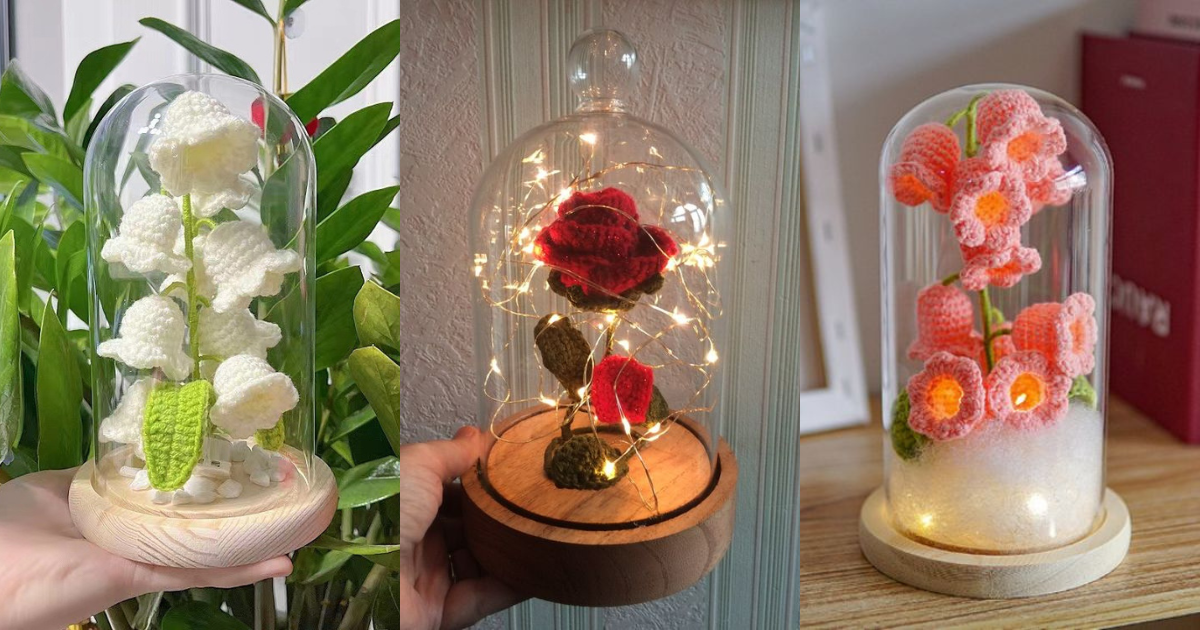 glass domes with crochet flowers