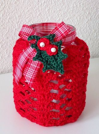 glass jars decorated with crochet for christmas 5