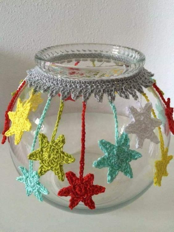 glass jars decorated with crochet for christmas 6