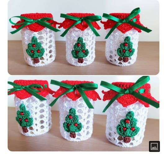 glass jars decorated with crochet for christmas