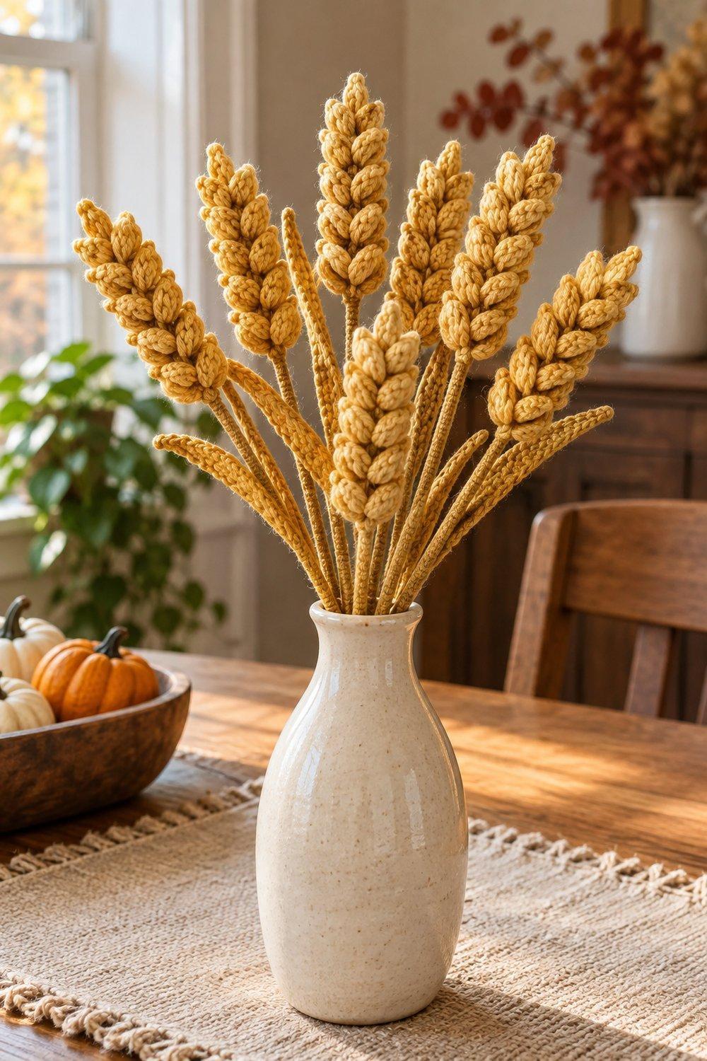 Golden crochet wheat stalks with puffed grain heads in a cream vase
