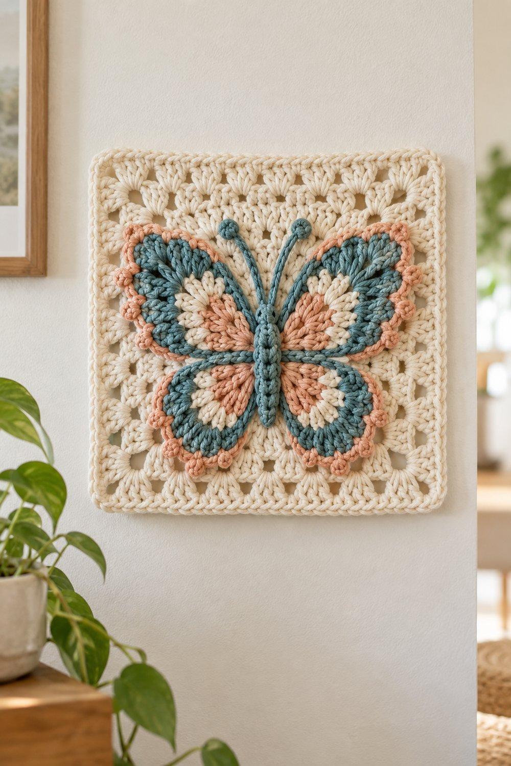 Raised crochet butterfly with picot wings resting on a cream granny square