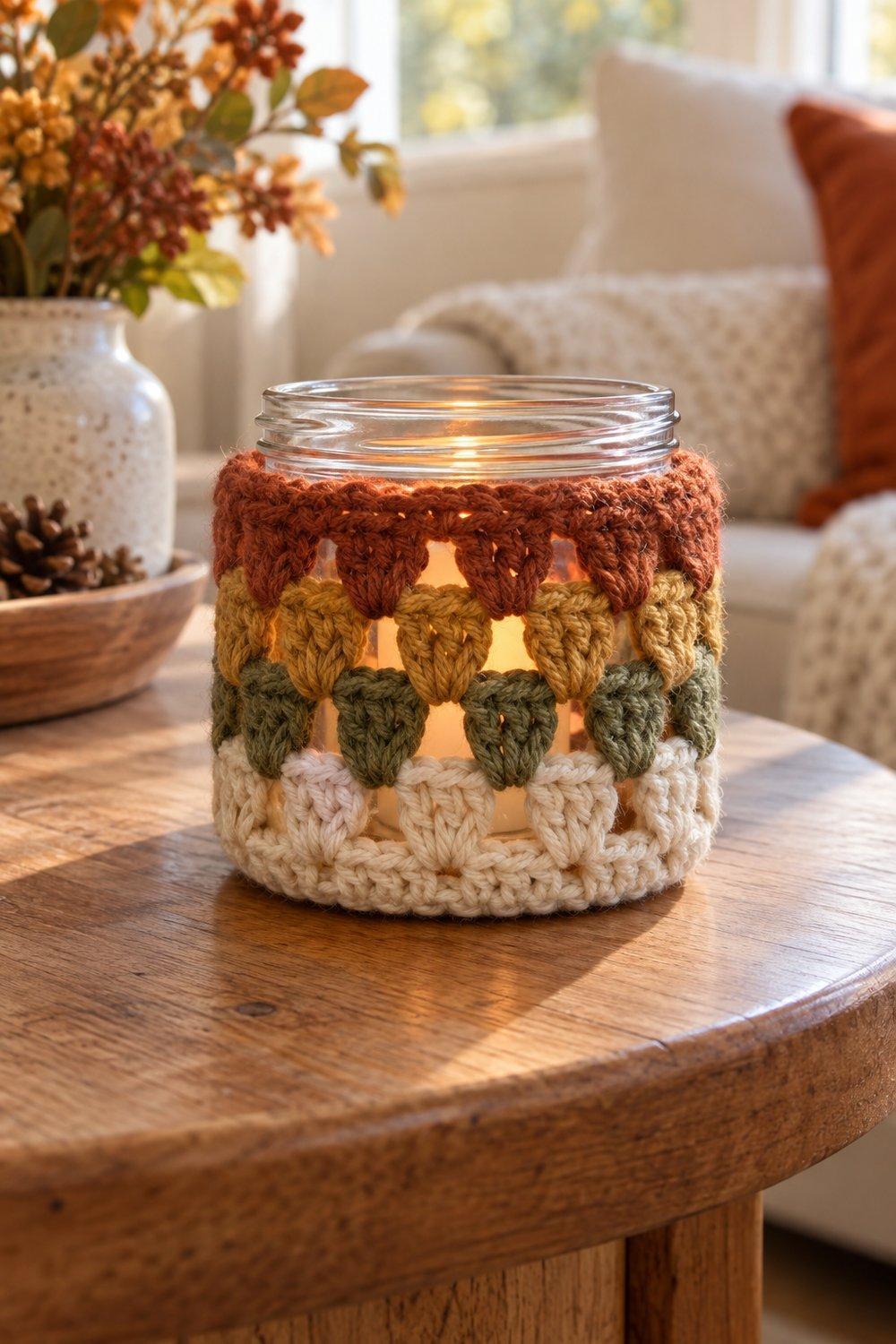 Striped autumn crochet sleeve around a glass jar holding an LED candle