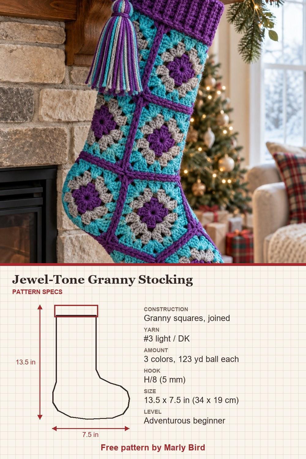 Turquoise gray and purple granny square stocking with purple seams and tassel, with pattern specs: size, yarn and hook