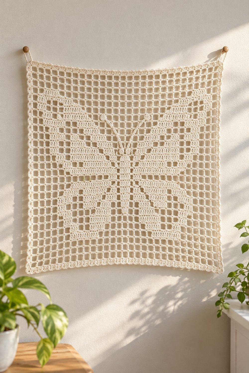 Open mesh crochet square framing a butterfly with outstretched lace wings