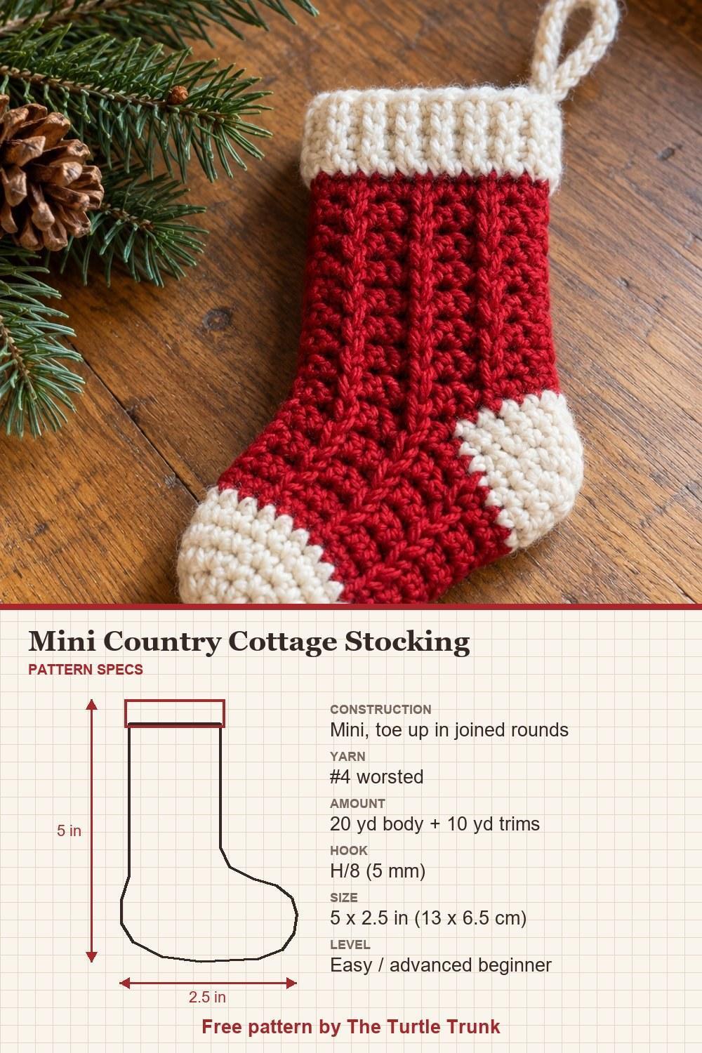 Mini red textured crochet stocking with cream toe heel and ribbed cuff, with pattern specs: size, yarn and hook