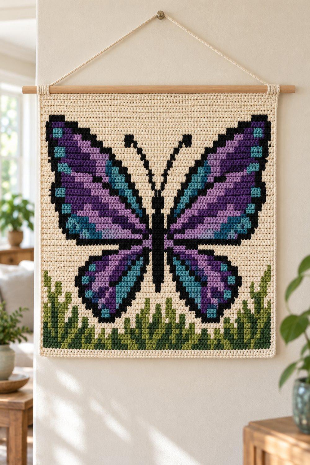 Purple and teal mosaic crochet butterfly panel hanging from a wooden dowel