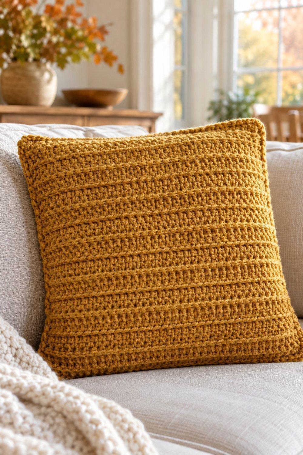 Mustard textured crochet pillow with a neat border resting on a cream sofa