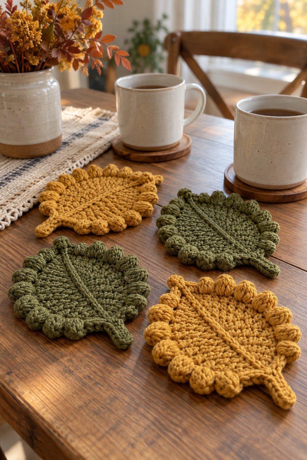 Olive and mustard crochet leaf coasters beside plain mugs on a kitchen table