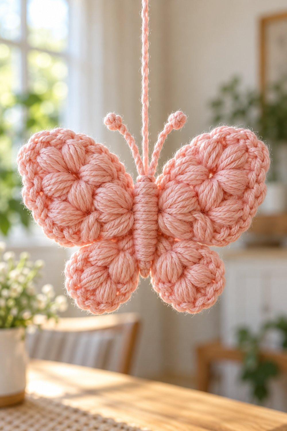 Tiny crochet butterfly with plump puff stitch wings and yarn antennae