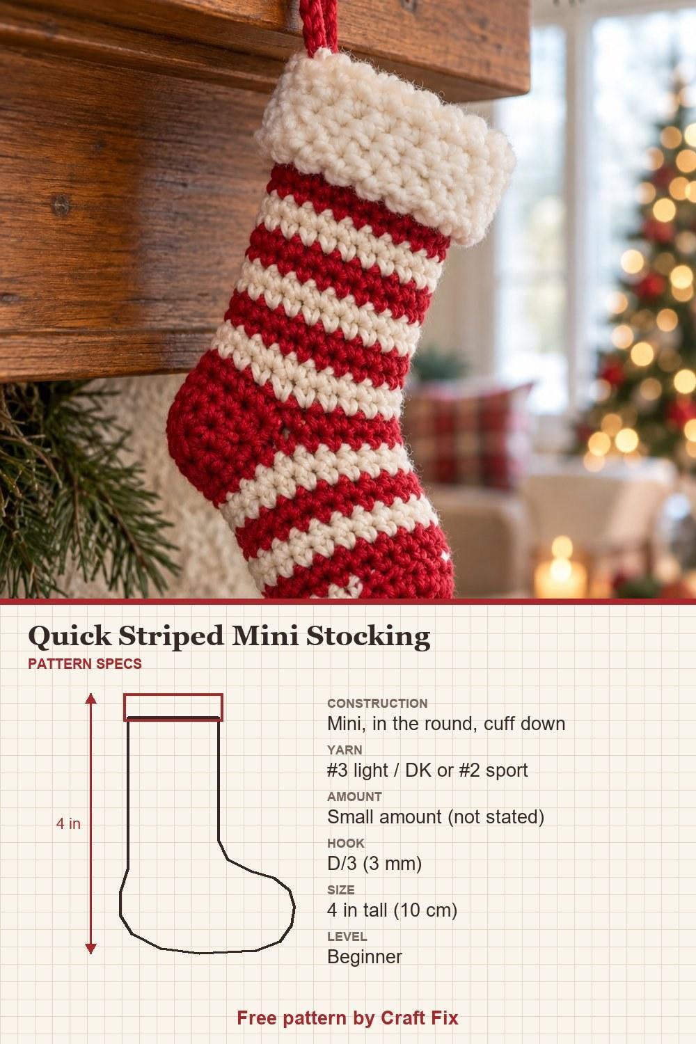 Tiny red and cream striped crochet stocking with a fluffy white cuff, with pattern specs: size, yarn and hook