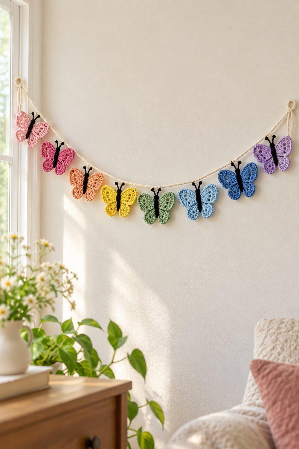 Colorful cotton butterfly garland with black bodies on an off-white strand