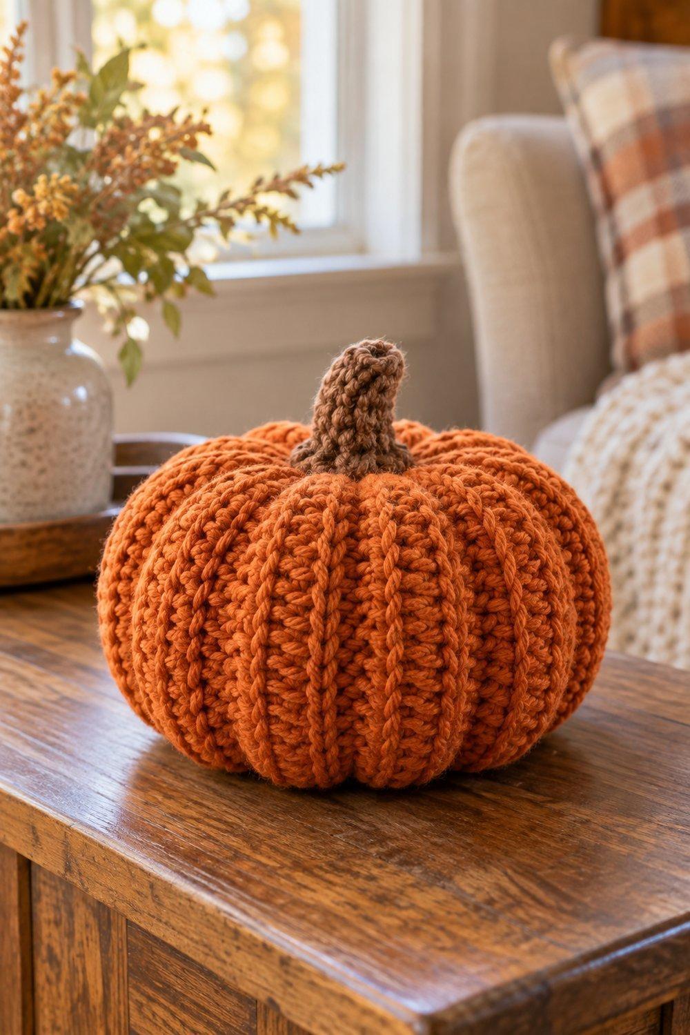 Burnt orange ribbed crochet pumpkin with a brown stem on a side table