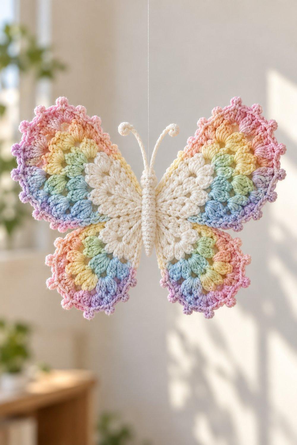 White and pastel rainbow butterfly with clustered wings and picot edging