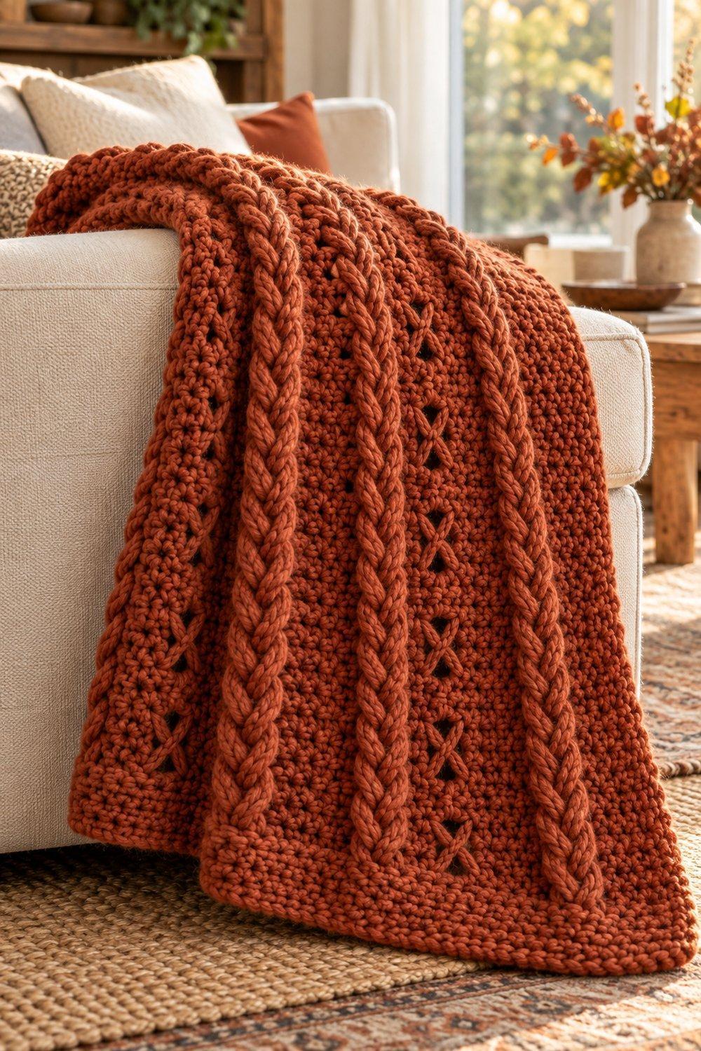 Chunky rust crochet throw with raised texture draped over a cream sofa arm