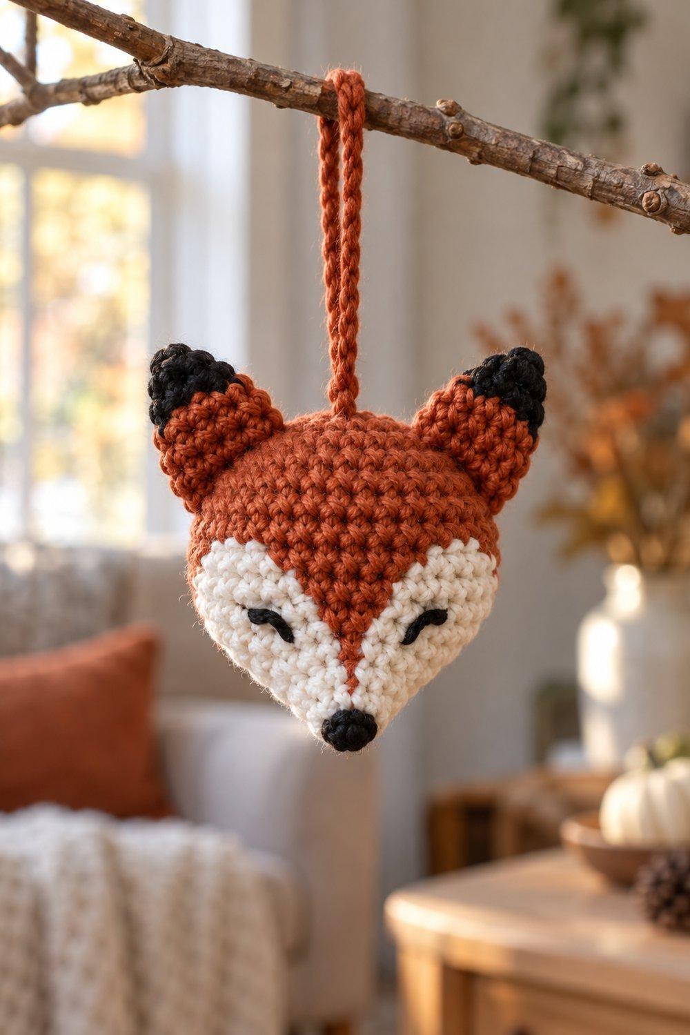 Small rust crochet fox ornament with white face hanging from a plain twig