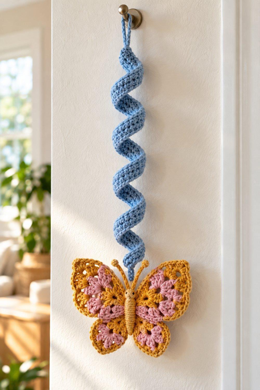 Blue crochet spiral ending in a mustard and blush granny butterfly