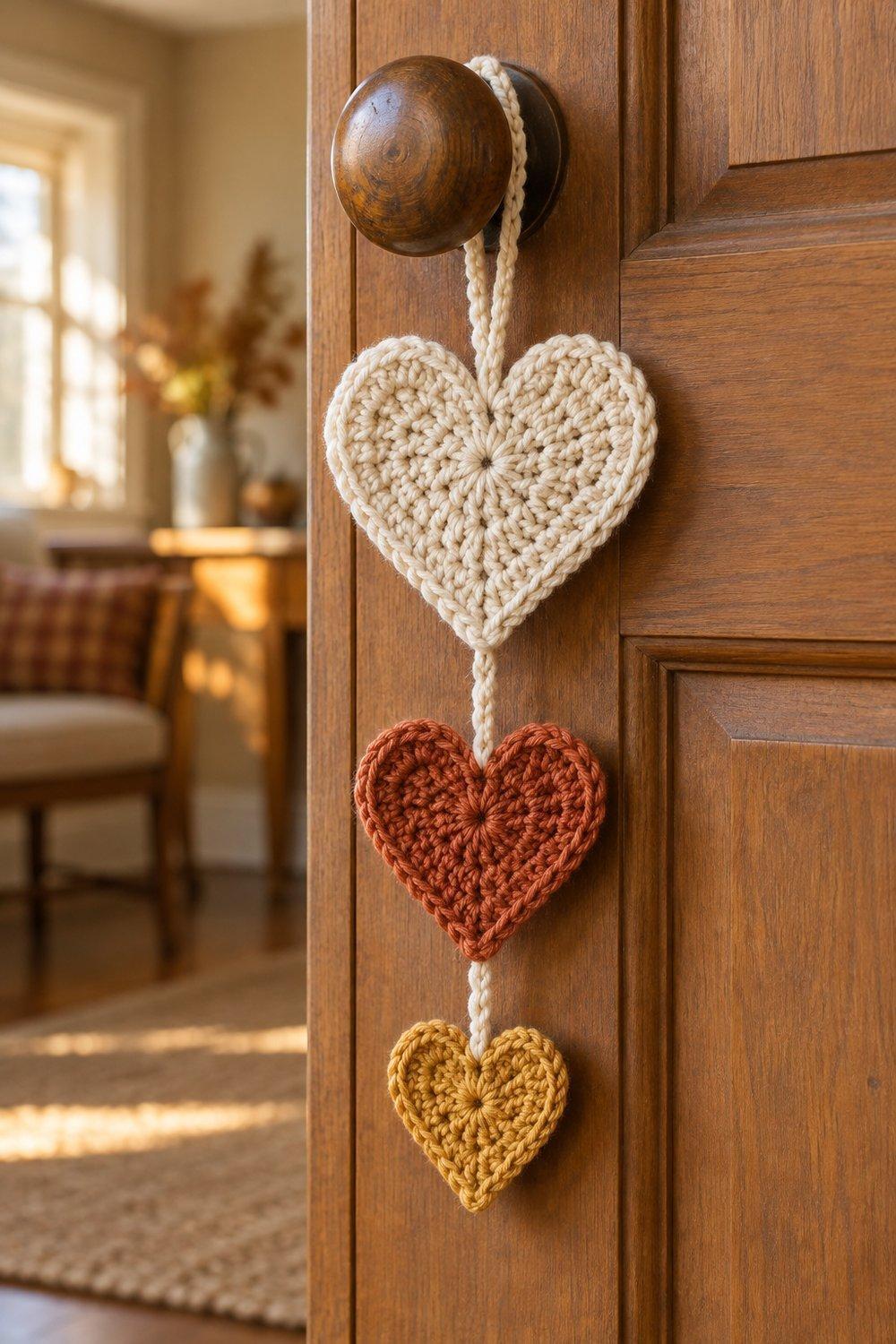 Cream rust and mustard crochet hearts hanging vertically from an interior door knob
