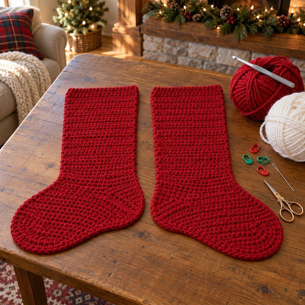 Two flat red crocheted stocking panels side by side on a wooden table