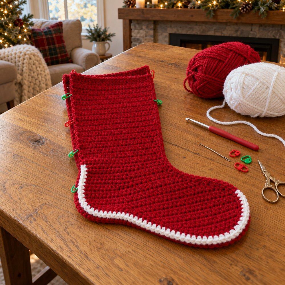 Red stocking panels joined with a white single crochet seam around heel and toe