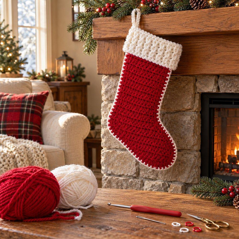 Finished red crochet Christmas stocking with white cuff hanging from a mantel