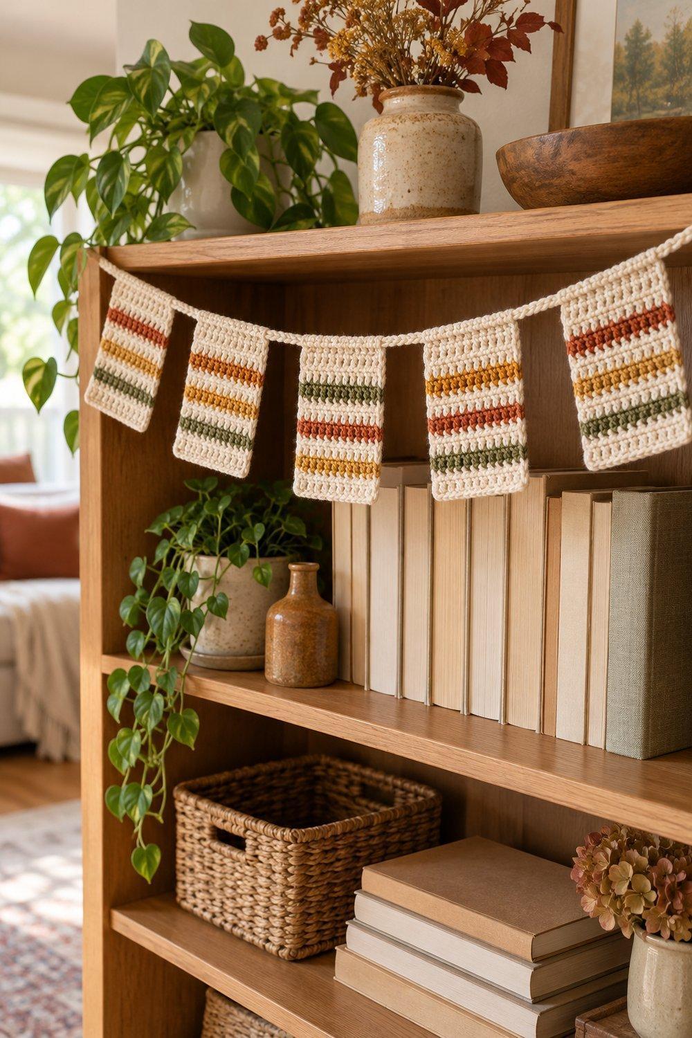 Cream rectangular crochet bunting with autumn stripes hanging above a living room bookcase