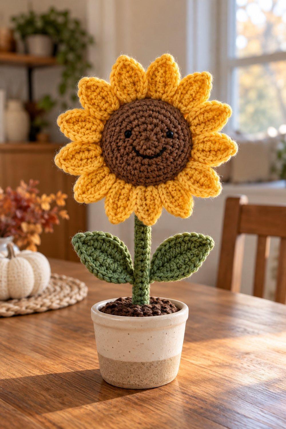 Golden crochet sunflower with brown center and green leaves in a small pot