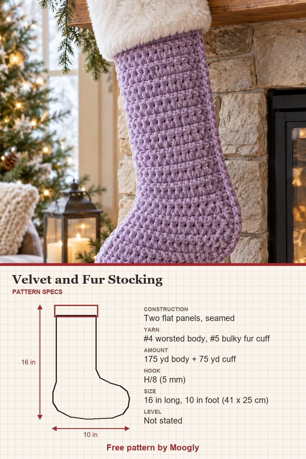 Lavender velvet crochet stocking with a thick fluffy white faux fur cuff, with pattern specs: size, yarn and hook