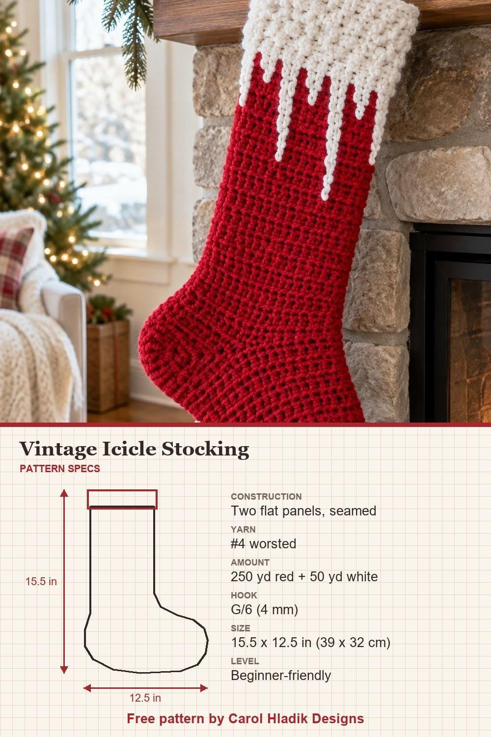 Red crochet stocking with white icicle cuff and a matching hanging loop, with pattern specs: size, yarn and hook