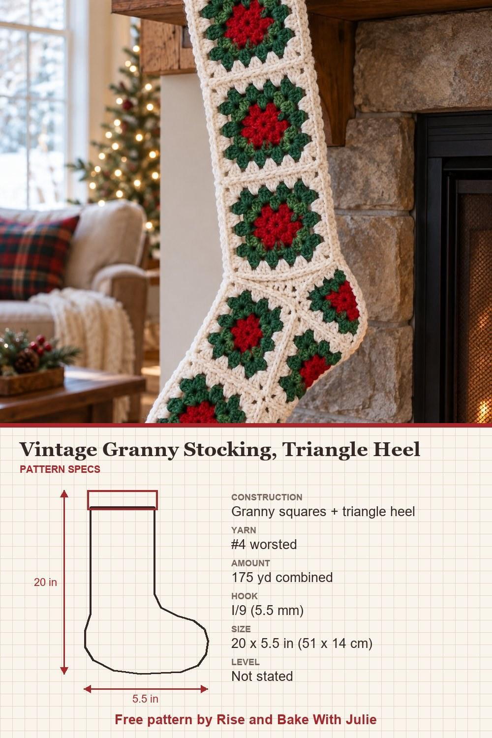 Vintage red green and white granny stocking with visible square joins and triangular heel, with pattern specs: size, yarn and hook