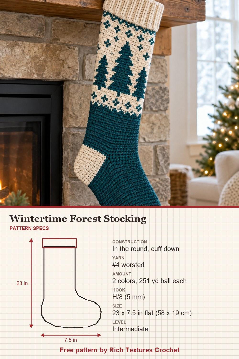 Teal crochet stocking with cream forest colorwork and matching cream heel and toe, with pattern specs: size, yarn and hook