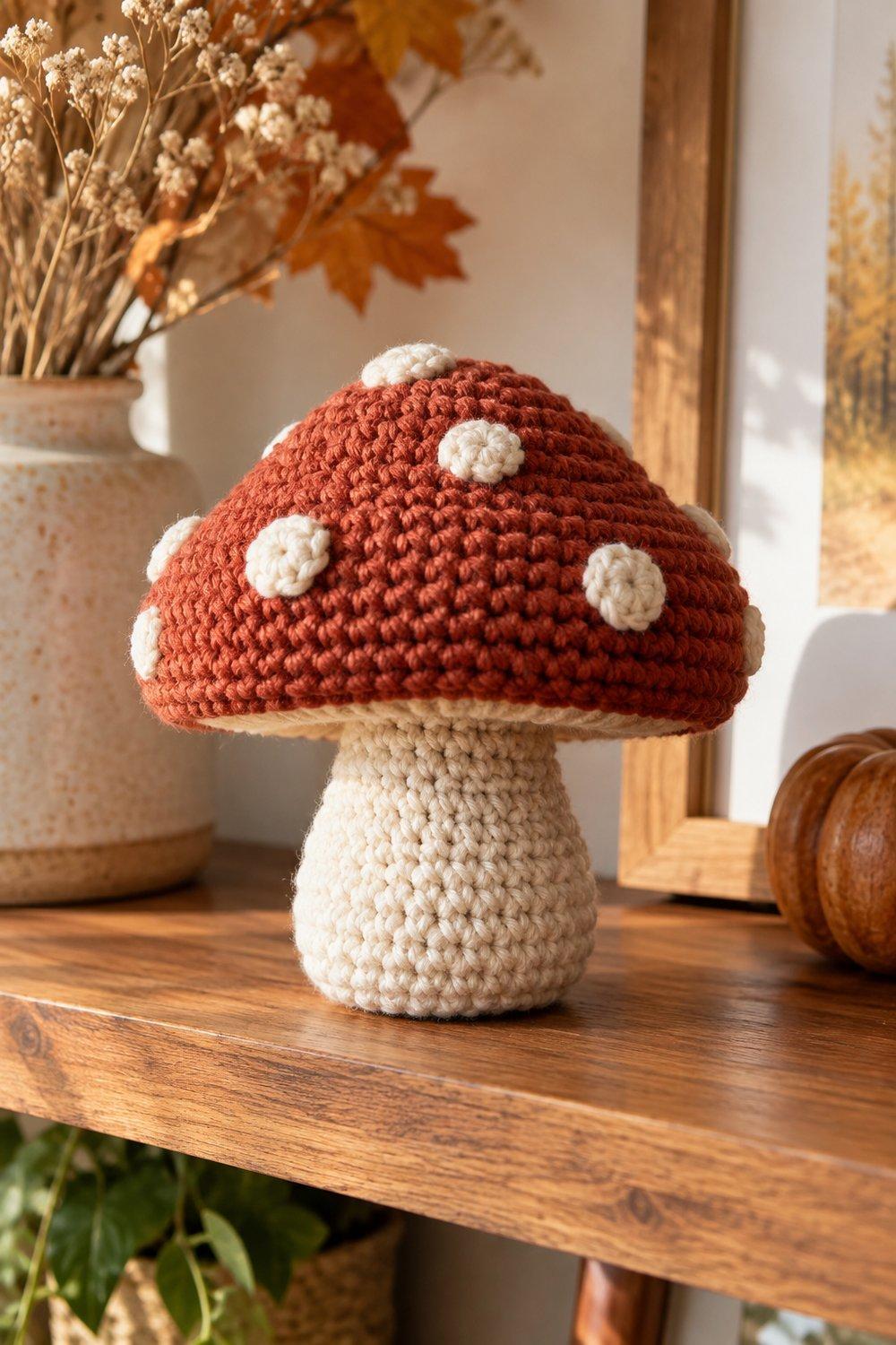 Brick red crochet mushroom with cream dots and stem on a wooden shelf