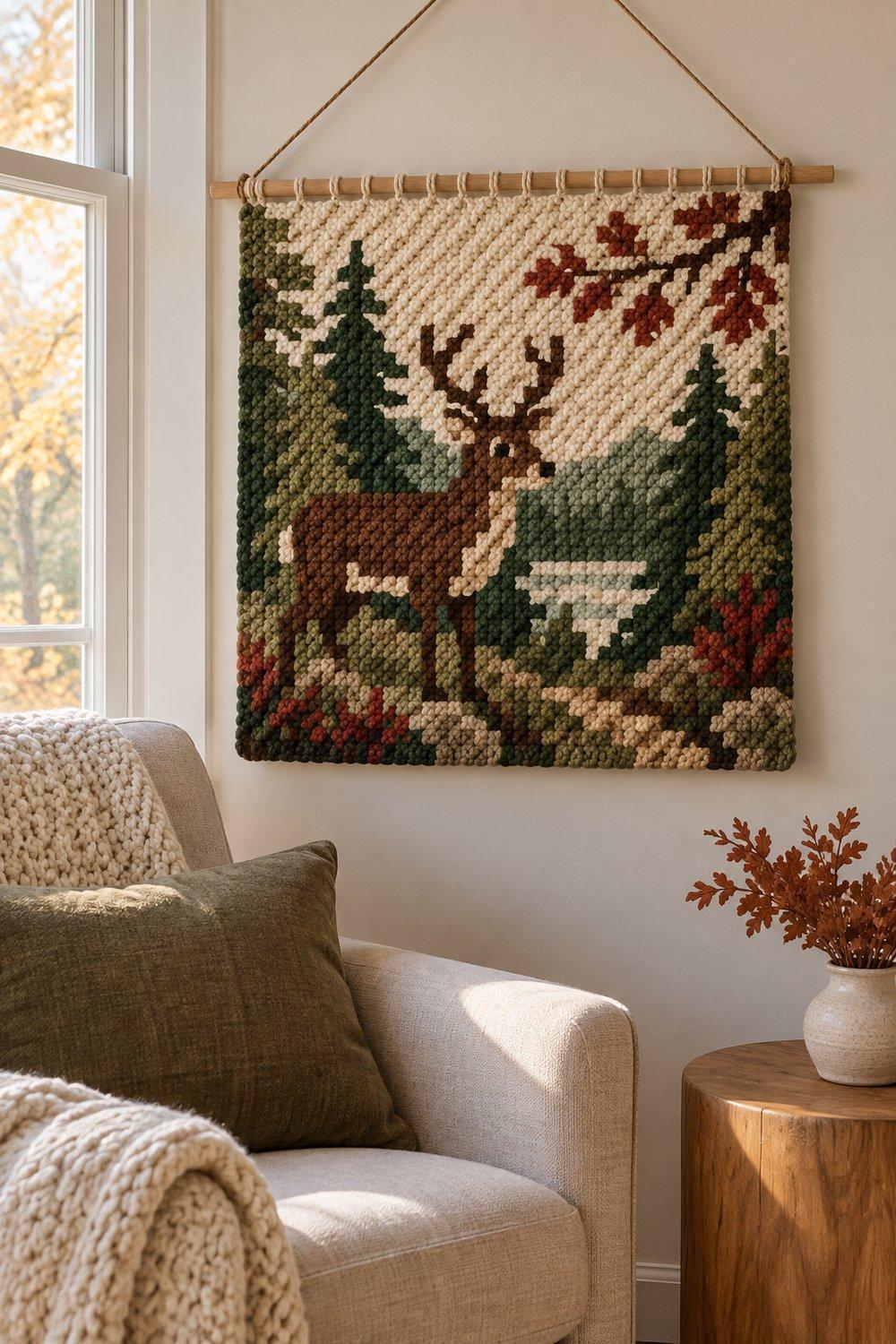 Small woodland crochet picture hanging from a wooden dowel beside an armchair