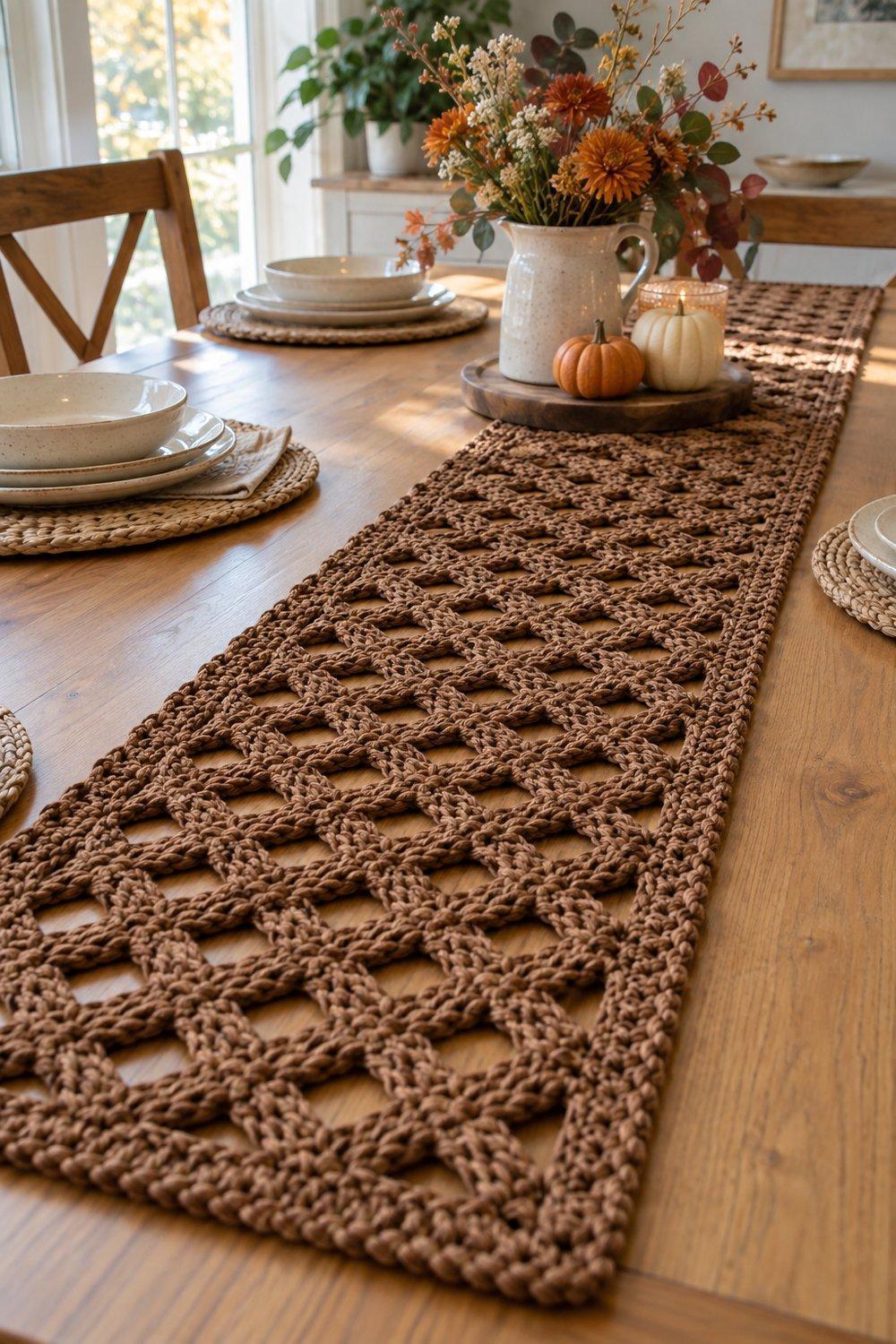 Warm brown lattice crochet table runner centered on an oak dining table