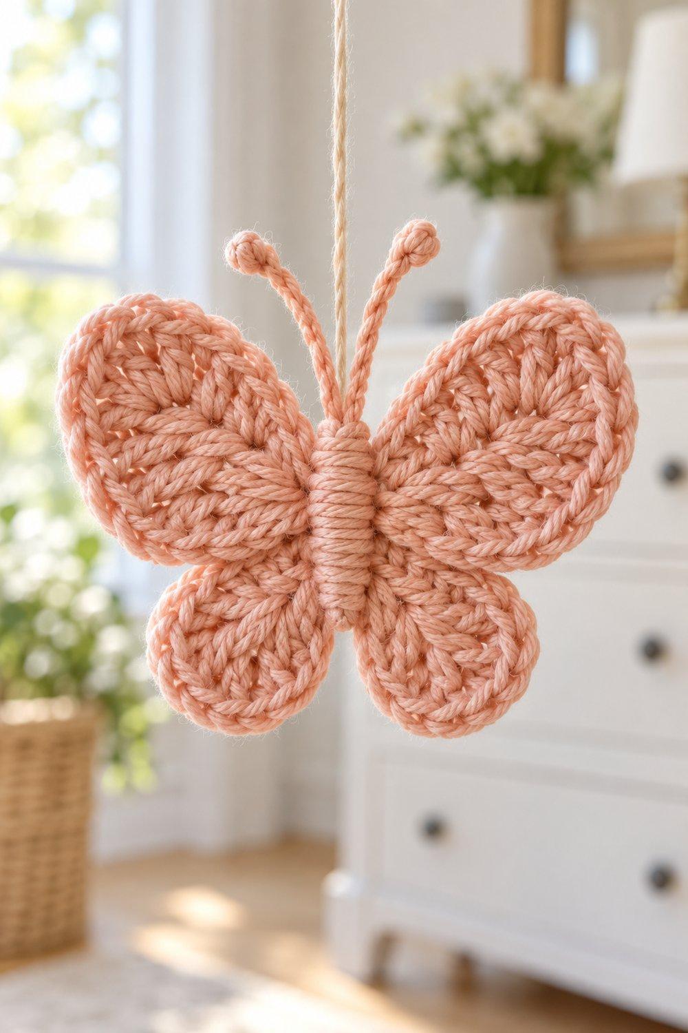 Small treble crochet butterfly gathered with a wrapped yarn body and antennae